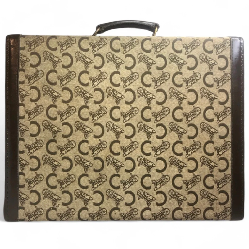 CELINE Brown Leather and Canvas Oversized Briefcase Suitcase Brass Locks 1980’s